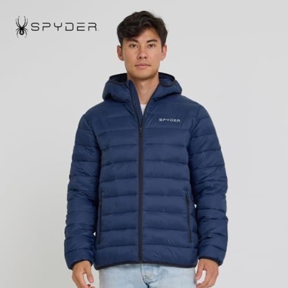 Spyder Mens Packable Puffer Jacket Hooded Navy Blue XXL New NWT